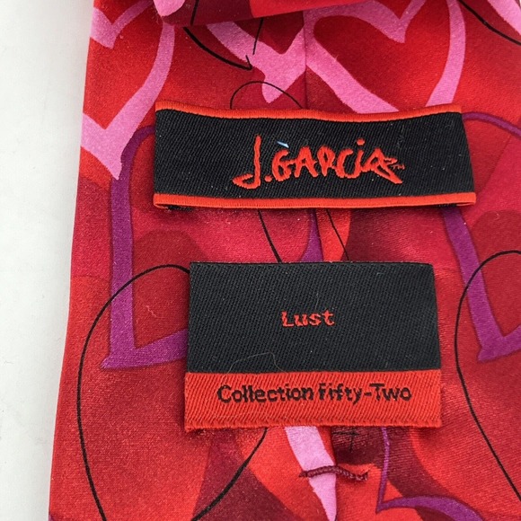 J Garcia Mens Silk Necktie Lust Collection Fifty Two Neck Tie Red Heart Tie - Picture 2 of 8